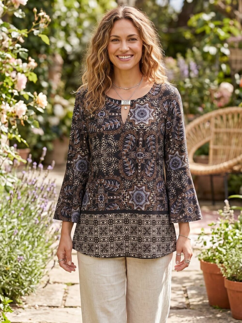 New Directions Boho Festival Top L Bell Sleeve Mix Print Fairy Grunge Romantic